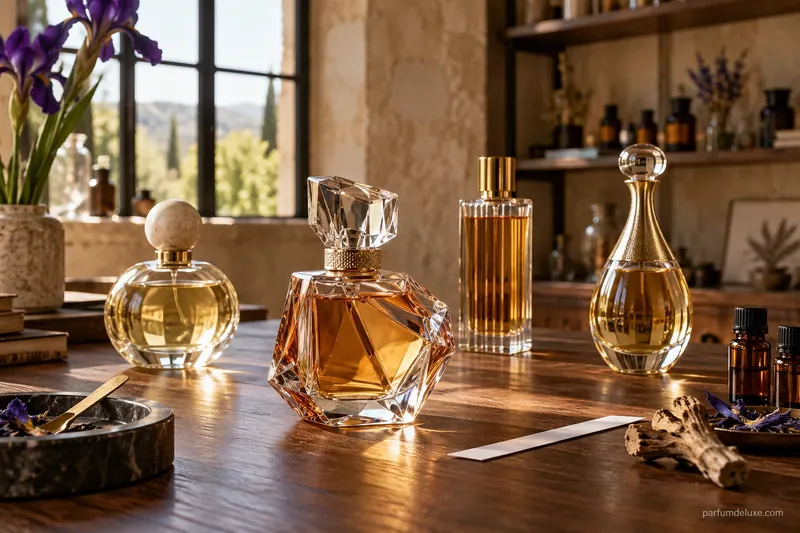 Plusieurs flacons de haute parfumerie disposés dans un atelier