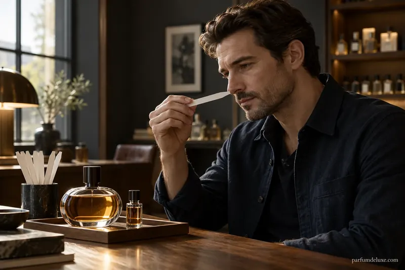 An adult man comparing fragrances with a blotter strip.