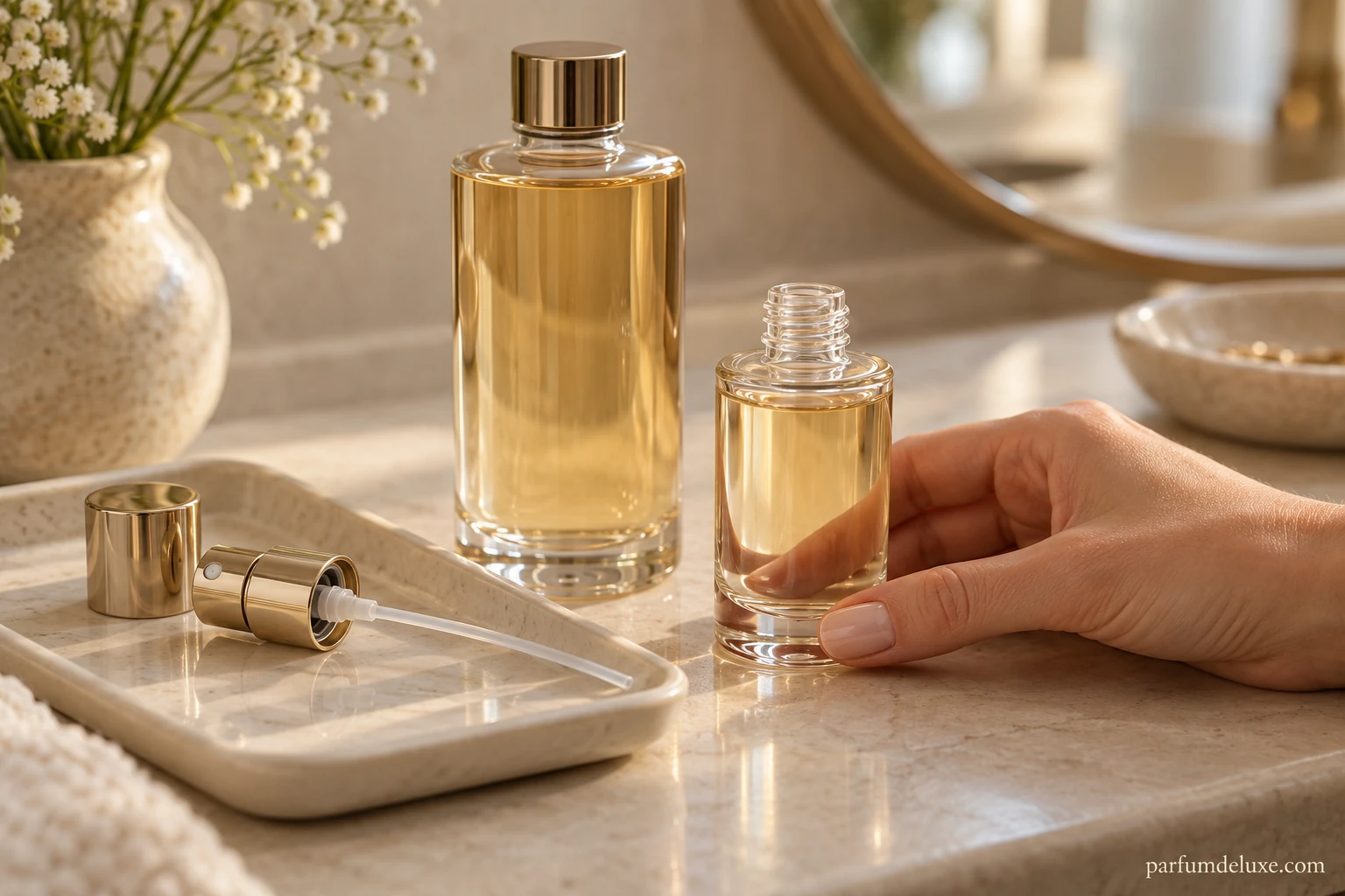 Flacon ouvert, vaporisateur retiré et recharge de parfum sur une table.