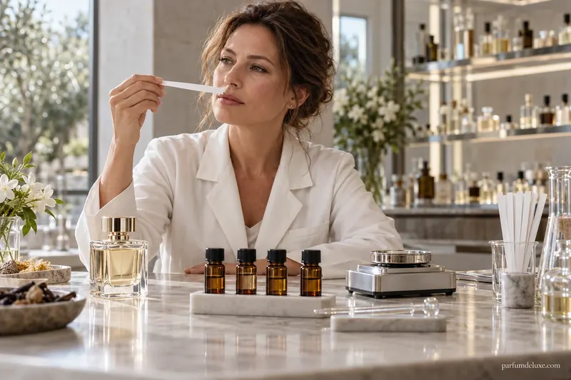 Parfumeuse évaluant une mouillette parmi des fioles ambrées.