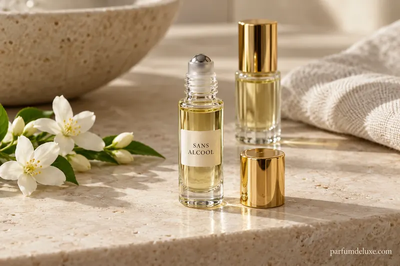 A small roll-on perfume bottle with its golden cap.