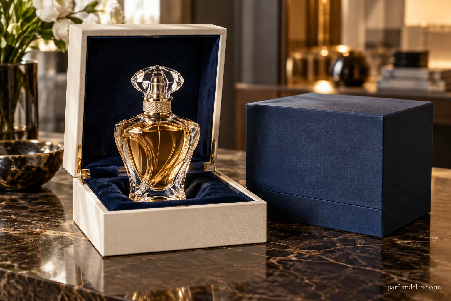 Flacon sculptural présenté dans un coffret clair et bleu.