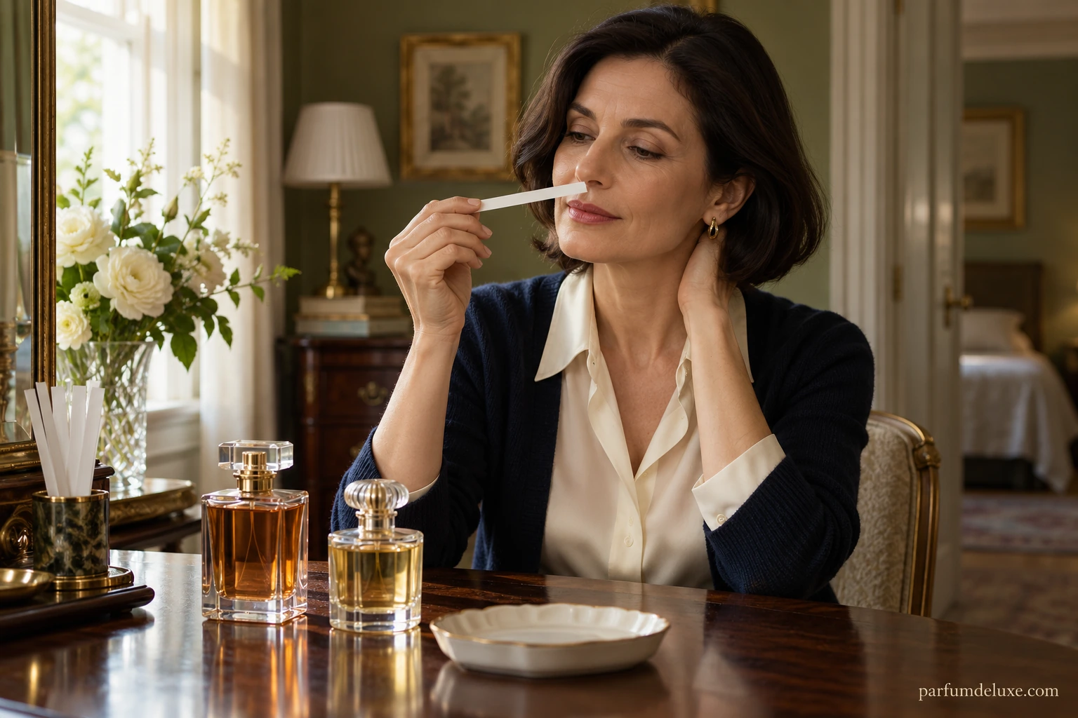 Femme dans un décor classique avec un flacon, illustration éditoriale