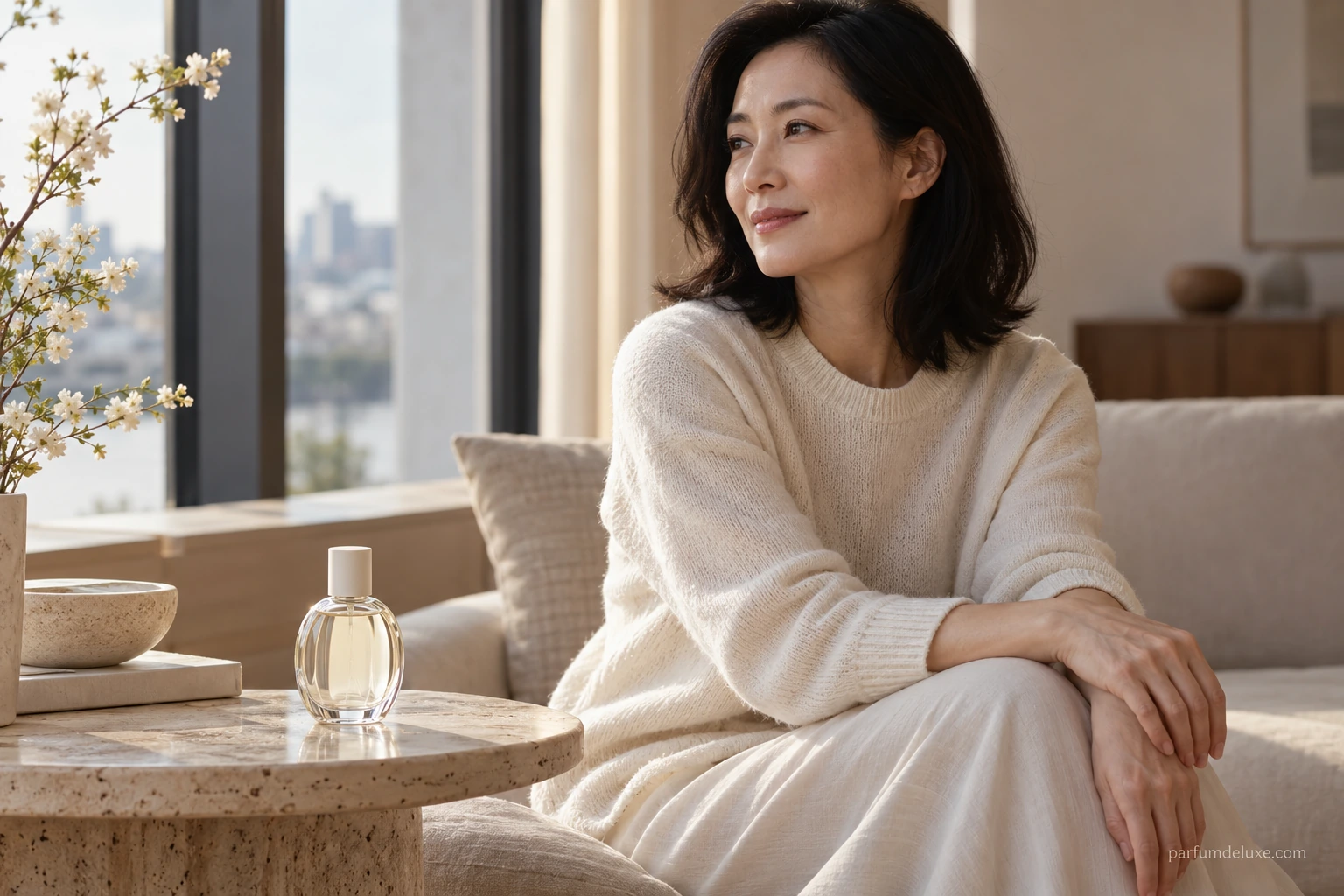 Femme et flacon de parfum dans un intérieur calme aux tons doux.