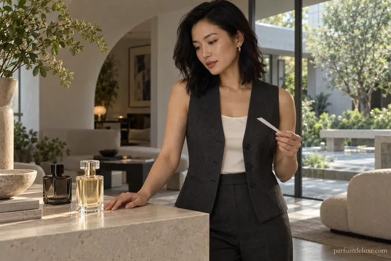 A woman and a bottle in a clean contemporary setting.