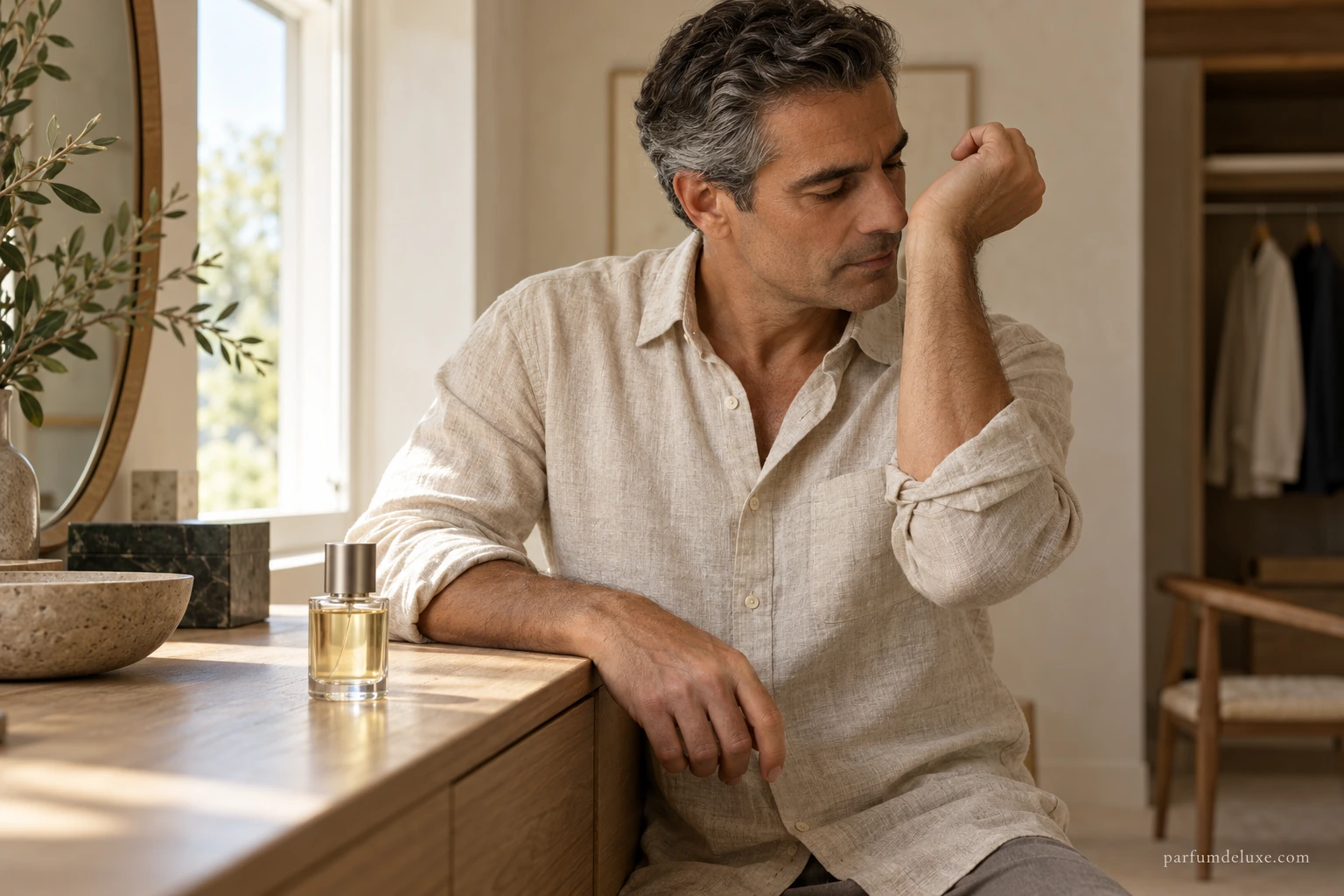 Homme en chemise claire sentant son poignet devant une coiffeuse.