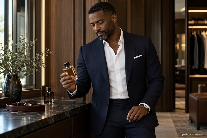 An elegant man beside a bottle, no shop sign shown.