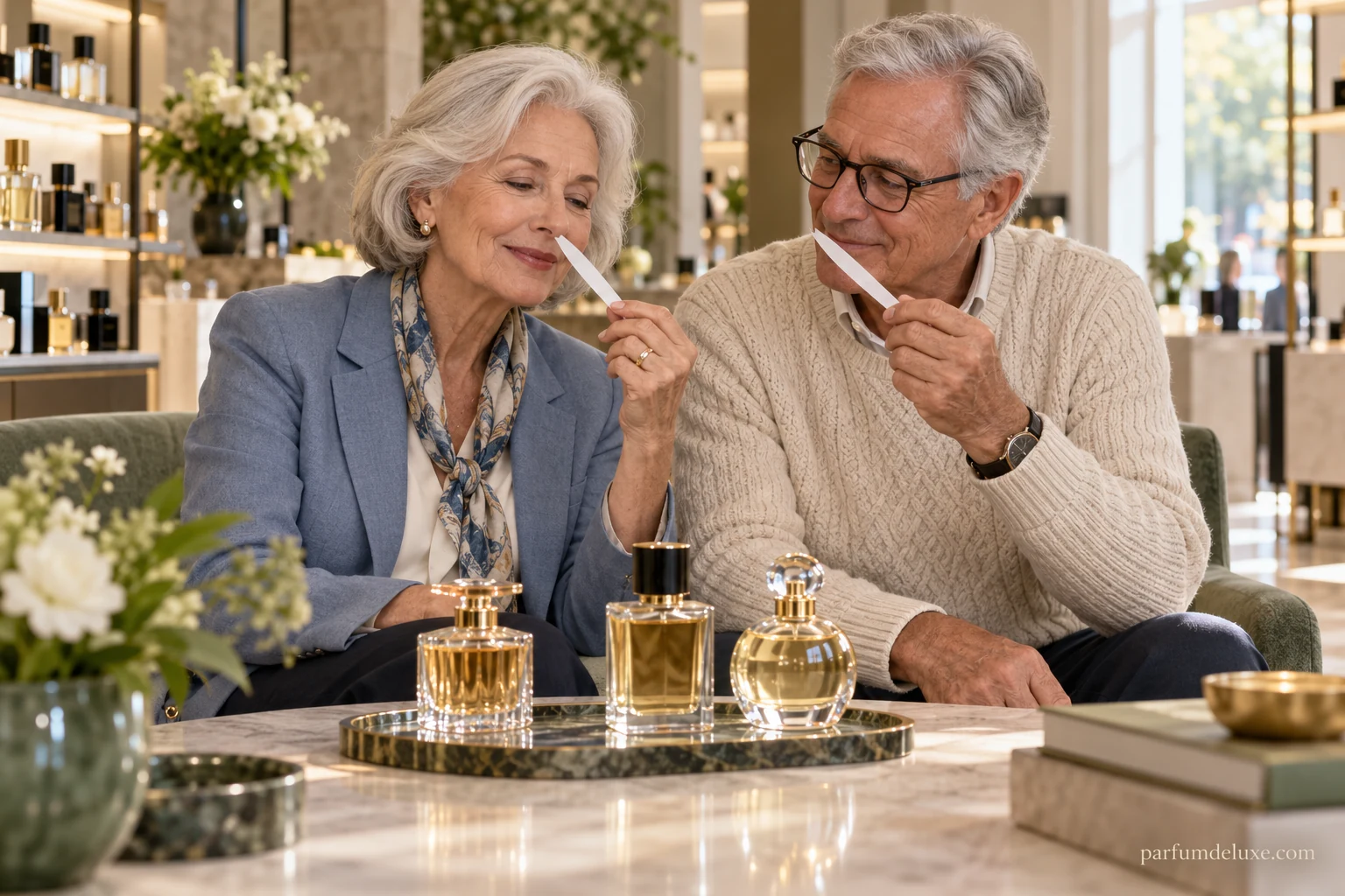 An older couple exploring fragrances together on blotters